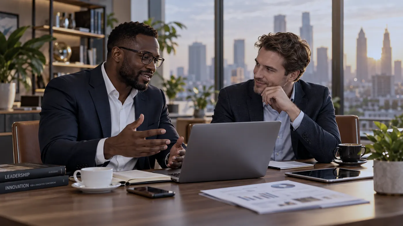 Business professionals collaborating around a laptop