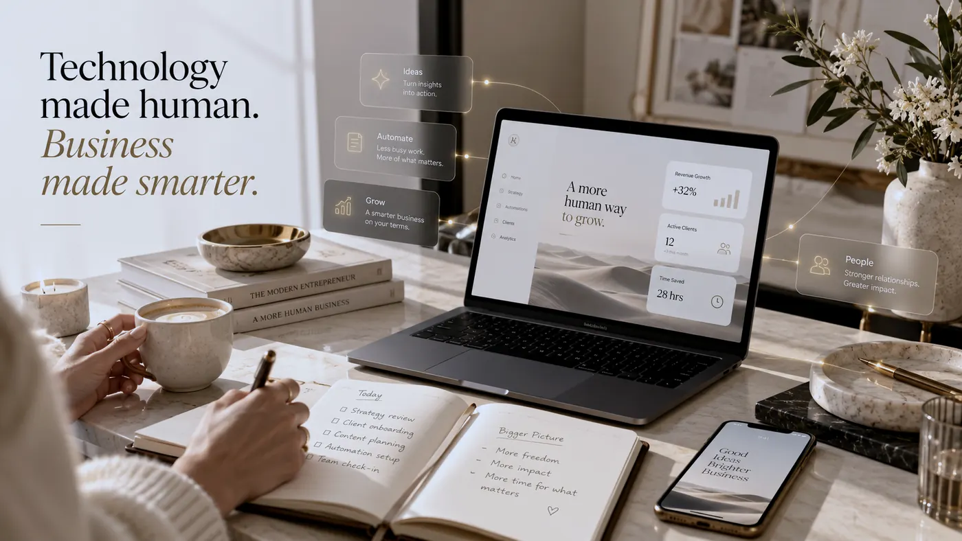 A founder planning her week at a desk with a laptop and notebook, with the words Technology made human, Business made smarter